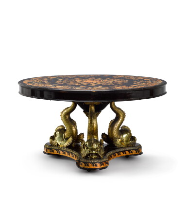 View full screen - View 1 of Lot 107. A VICTORIAN GILT-BRONZE MOUNTED EBONY AND MARQUETRY CENTRE TABLE, MID-19TH CENTURY, POSSIBLY SUPPLIED BY EDWARD HOLMES BALDOCK.