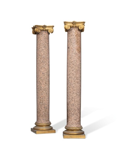 View full screen - View 1 of Lot 85. A PAIR OF LOUIS XVI STYLE GILT-BRONZE MOUNTED PINK ASWAN GRANITE COLUMNS, THIRD QUARTER 19TH CENTURY.