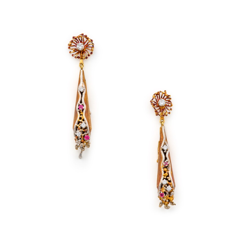 View full screen - View 1 of Lot 138. A Pair of Tricolor Pendant Convertible Earrings.