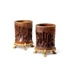 A pair of gilt-bronze mounted Chinese bamboo paintbrush pots, the bamboo late 18th-early 19th century, the mounts 19th century