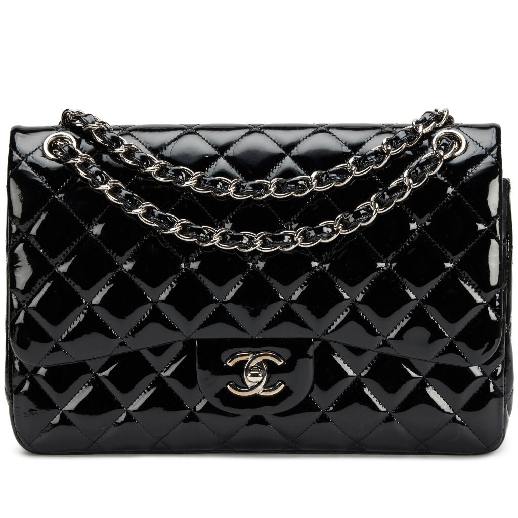 View full screen - View 1 of Lot 135. Black Patent Quilted Jumbo Double Flap Silver Hardware, 2010.