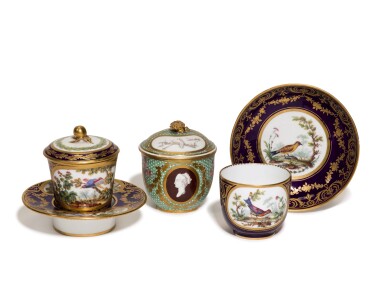 View full screen - View 1 of Lot 97. A SEVRES SUGAR-BOWL AND COVER, A CUP AND SAUCER AND A CUP, COVER AND STAND, VARIOUS DATES 18TH CENTURY.