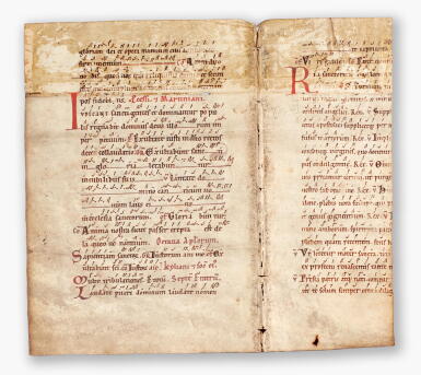 View full screen - View 1 of Lot 18. A partial bifolium from a Gradual (Sanctorale) with St Gall neumes, on vellum, in Latin, (Germany, possibly Franconia or Bavaria), mid-11th century.