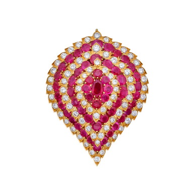 View full screen - View 1 of Lot 214. Ruby and Diamond Clip-Brooch.