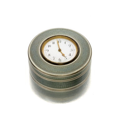 View full screen - View 1 of Lot 942. CARTIER | A SILVER AND ENAMEL BONBONNIERE DESK TIMEPIECE CIRCA 1910 | 卡地亞 | 銀畫琺瑯座鐘,年份約1910.