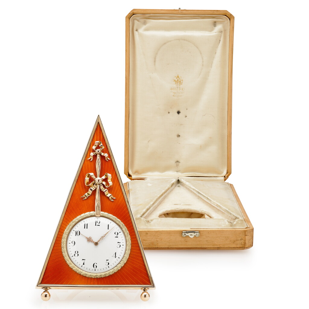 View full screen - View 1 of Lot 6. Empress Maria Feodorovna: A Fabergé Two-Color Gold and Guilloché Enamel Desk Clock, Workmaster Mikhail Perkhin, St Petersburg, circa 1898.
