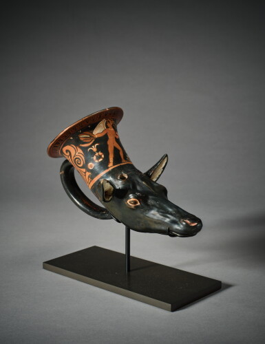 View full screen - View 1 of Lot 101. An Apulian Red-Figured Rhyton, circa 330-310 B.C..
