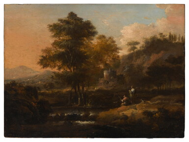 View full screen - View 1 of Lot 276. A river landscape with figures on the bank and mountains beyond.