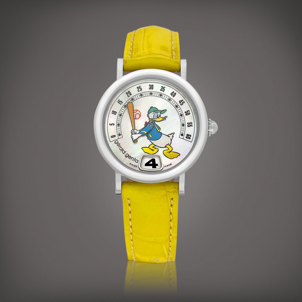 View full screen - View 1 of Lot 860. Fantasy Retro Donald Duck, Reference G3622.5.DNL | A stainless steel jumping hours wristwatch with retrograde minutes and mother-of-pearl dial, Circa 2002 | Fantasy Retro Donald Duck 型號G3622.5.DNL | 精鋼跳時腕錶,備逆跳分鐘及珠母貝錶盤,約2002年製.
