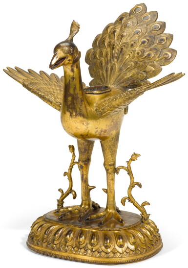 View full screen - View 1 of Lot 19. A GILT COPPER PEACOCK (VAHANA), TIBET OR TIBETO-CHINESE, 15TH CENTURY .