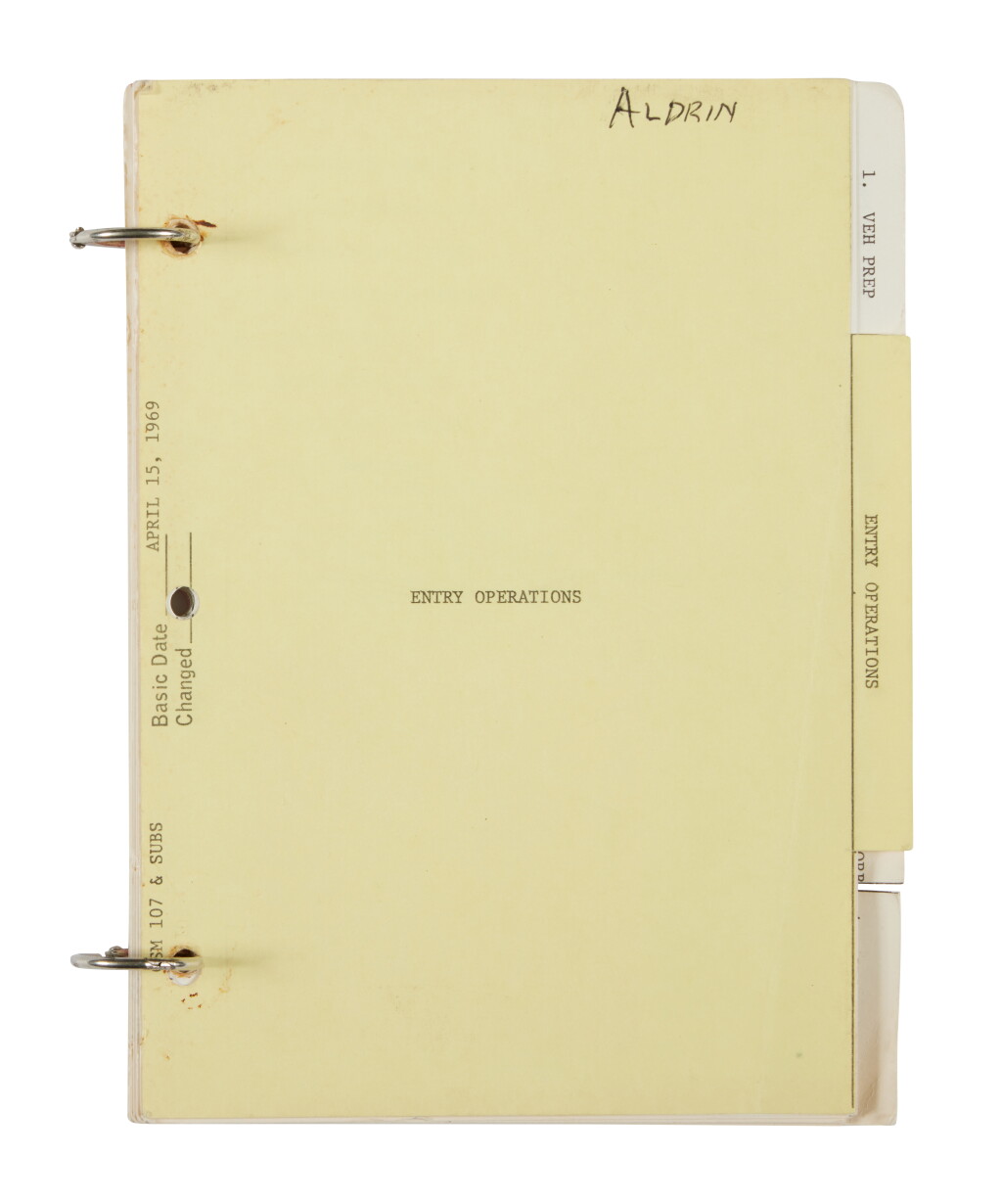 View full screen - View 1 of Lot 37. Entry Operations section of Buzz Aldrin's Apollo 11 Flight Crew Abbreviated Checklist, used by him during training.
