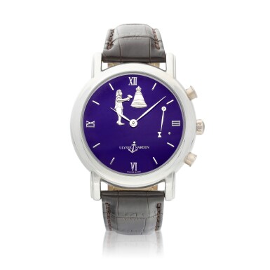 Voir en plein écran - Voir 1 du lot 8039. Hour Striker, Reference 759-20 | A platinum hour striking and repeating wristwatch with automaton and enamel dial, Circa 1996 | 雅典 | Hour Striker 型號759-20 | 鉑金報時、單問及活動人偶腕錶,備琺琅錶盤,約1996年製.
