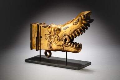 View full screen - View 1 of Lot 201. A gilt-copper alloy 'Makara' finial, India, Nayak dynasty, 17th century | 印度十七世紀 銅合金鎏金摩伽羅首像.