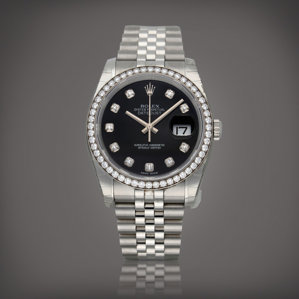 View full screen - View 1 of Lot 576. Datejust, Reference 116244 | A stainless steel wristwatch with diamond-set bezel and indexes, date and bracelet | Circa 2015.