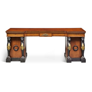 View full screen - View 1 of Lot 83. A Regency Mahogany Ebony-Inlaid Ebonized and Parcel-Gilt Pedestal Sideboard, circa 1815.
