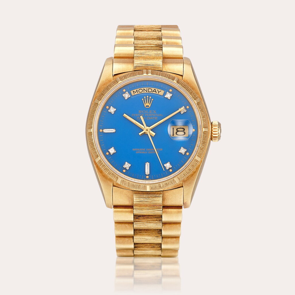 View full screen - View 1 of Lot 2106. Day-Date "Stella", Reference 18078 A yellow gold and diamond-set wristwatch with day, date, stella dial and bracelet, Circa 1979 | 勞力士 | DAY-DATE "STELLA" 型號18078 | 黃金鑲鑽石鏈帶腕錶,備日期、星期顯示及 "STELLA" 錶盤,約1979年製.