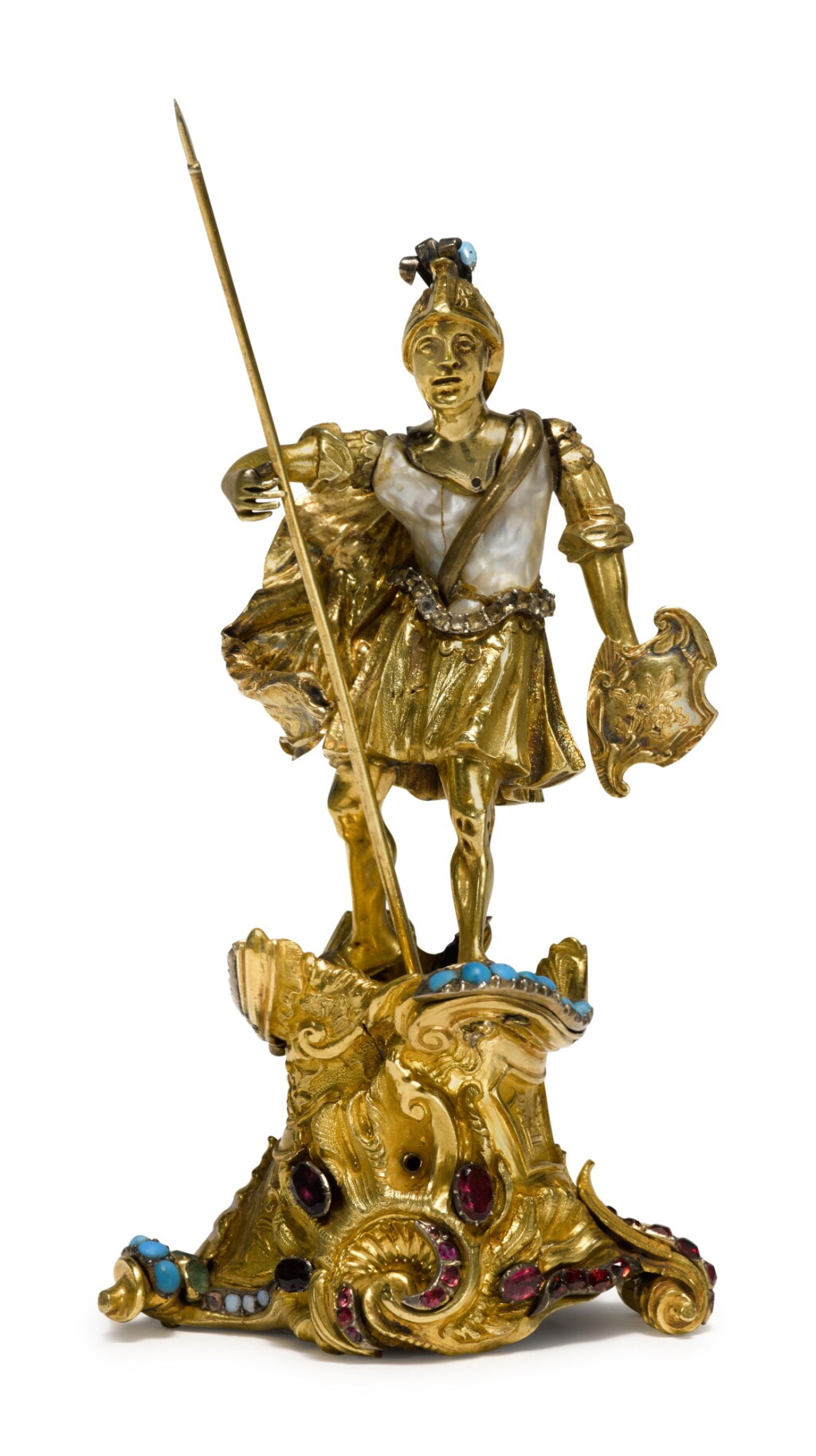 View full screen - View 1 of Lot 38. A German Silver-Gilt, Baroque Pearl, and Gem-Set Statuette of a Roman Warrior, 18th/19th Century.