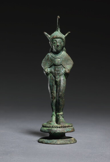 View full screen - View 1 of Lot 8. AN ETRUSCAN BRONZE FIGURE OF A WARRIOR, CIRCA 500-475 B.C..