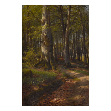 View full screen - View 1 of Lot 11. PEDER MØNSTED | DAPPLED LIGHT ON A WOODLAND PATH.