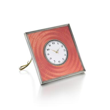 View full screen - View 1 of Lot 1010. Grand Duke Alexander Mikhailovich and Grand Duchess Xenia Alexandrovna: A Fabergé silver and guilloché enamel desk clock, workmaster Henrik Wigström, St Petersburg, 1904-1908.