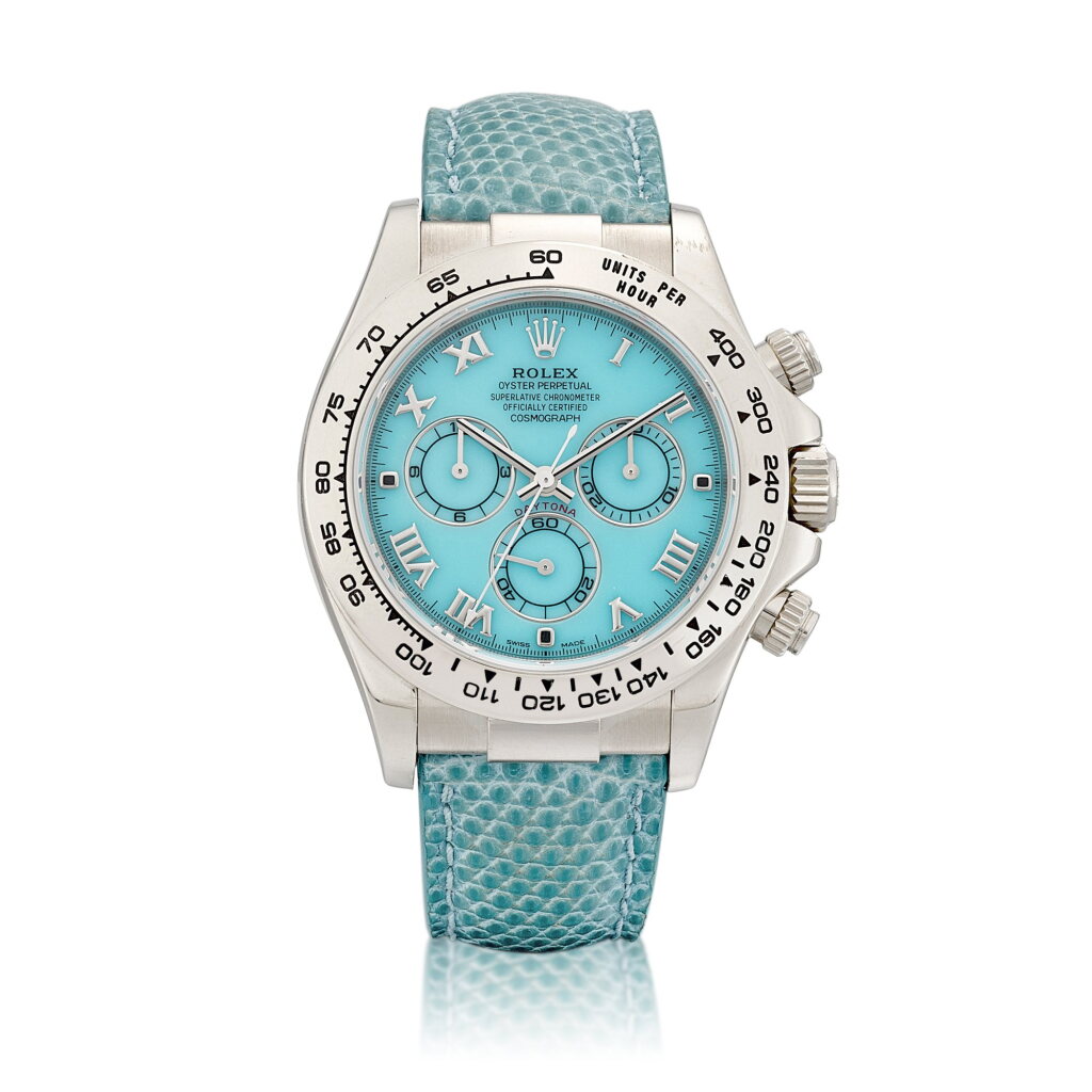 View full screen - View 1 of Lot 2117. Cosmograph Daytona "Beach", Reference 116519 | A white gold chronograph wristwatch with turquoise dial, Circa 2001 | 勞力士 | Cosmograph Daytona "Beach" 型號116519 | 白金計時鏈帶腕錶,備綠松石錶盤,約2001年製.