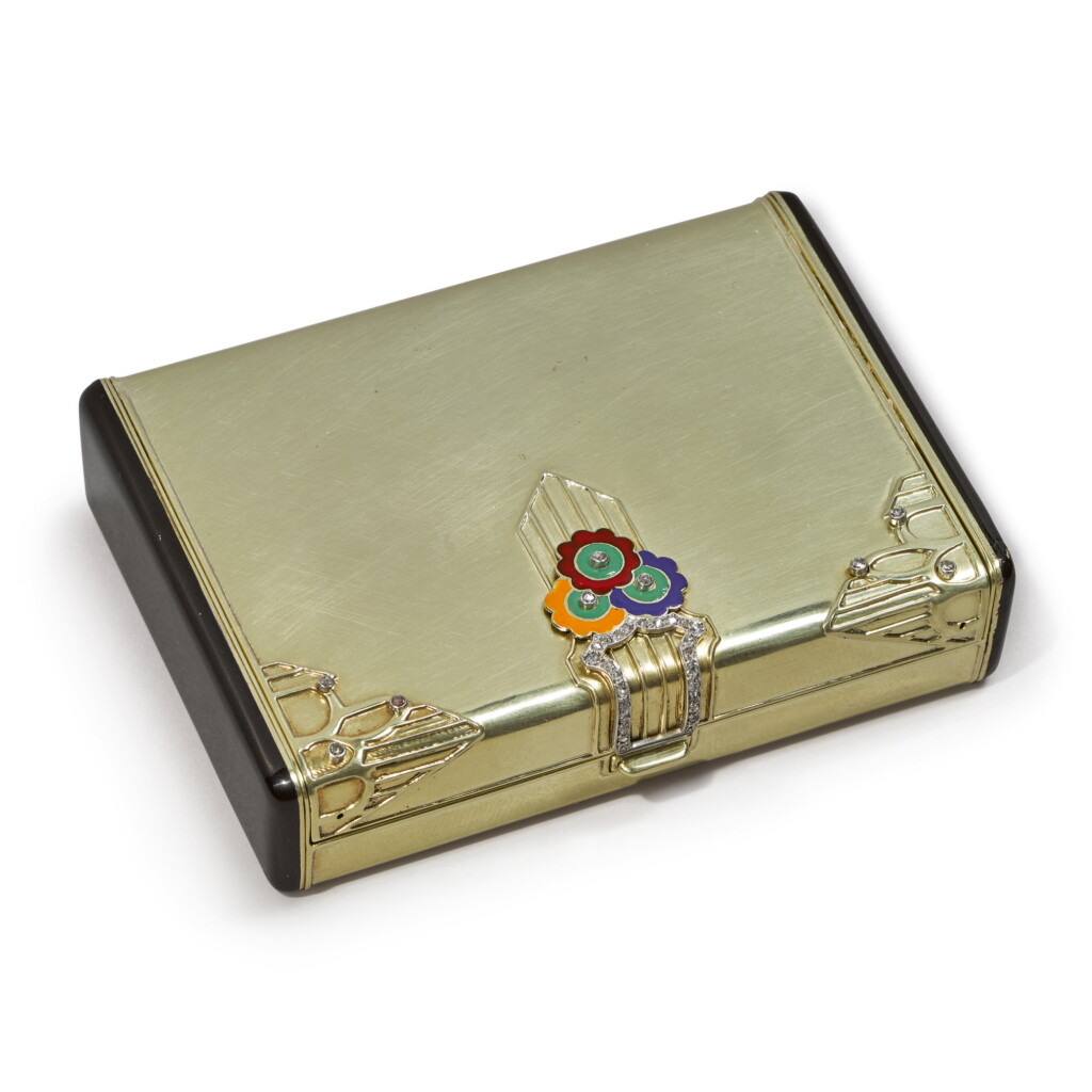 View full screen - View 1 of Lot 327. AN AMERICAN 14 KARAT GOLD AND ENAMEL ART DECO CIGARETTE CASE, MAKER'S MARK MF, CIRCA 1940.