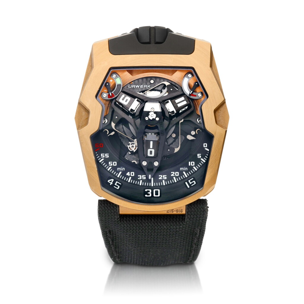 View full screen - View 1 of Lot 2139. Amadeus, Reference UR-210 | A limited edition pink gold and titanium semi-skeletonised revolving satellite wristwatch with retrograde minute, power reserve and winding efficiency indication, Circa 2017 | Urwerk | Amadeus 型號UR-210 | 限量版粉紅金及鈦金屬半鏤空衛星時刻腕錶,備逆跳分鐘、動力儲備及上弦效率顯示,約2017年製.