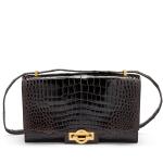 Marron Fonce Shiny Caiman Crocodile Sac Olympe Gold Hardware, 1972