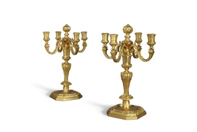 View full screen - View 1 of Lot 313. A PAIR OF LOUIS XIV STYLE GILT BRONZE FOUR-LIGHT CANDELABRA, 19TH CENTURY.