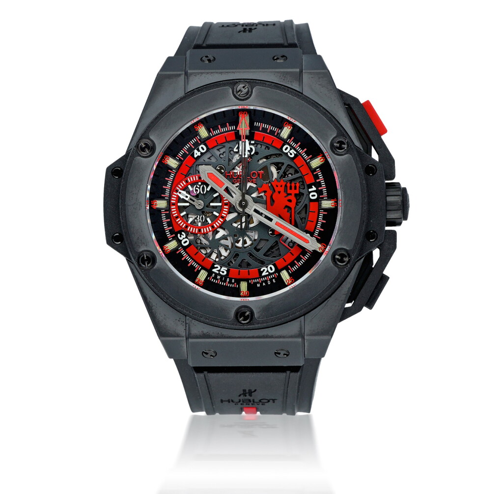 View full screen - View 1 of Lot 42. HUBLOT | MANCHESTER UNITED 'RED DEVIL' KING POWER, REF 716.CI.1129.RX.MAN11 LIMITED EDITION CERAMIC AND TITANIUM CHRONOGRAPH WRISTWATCH WITH DATE CIRCA 2012.