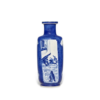 View full screen - View 1 of Lot 556. A powder-blue-ground blue and white 'Zhang Qian on raft' rouleau vase, Qing dynasty, Kangxi period | 清康熙 灑藍地開光青花張騫乘槎圖棒槌瓶.