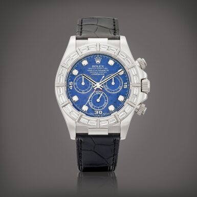 View full screen - View 1 of Lot 2252. Cosmograph Daytona, Reference 116589 | A white gold and diamond-set chronograph wristwatch with sodalite dial, Circa 2000 | 勞力士 | Cosmograph Daytona 型號116589 | 白金鑲鑽石計時腕錶,備方鈉石錶盤,約2000年製.