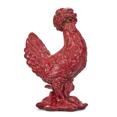 View full screen - View 1 of Lot 56. A red-glazed pottery model of a mop-topped hen, probably by William Brownfield, circa 1860.