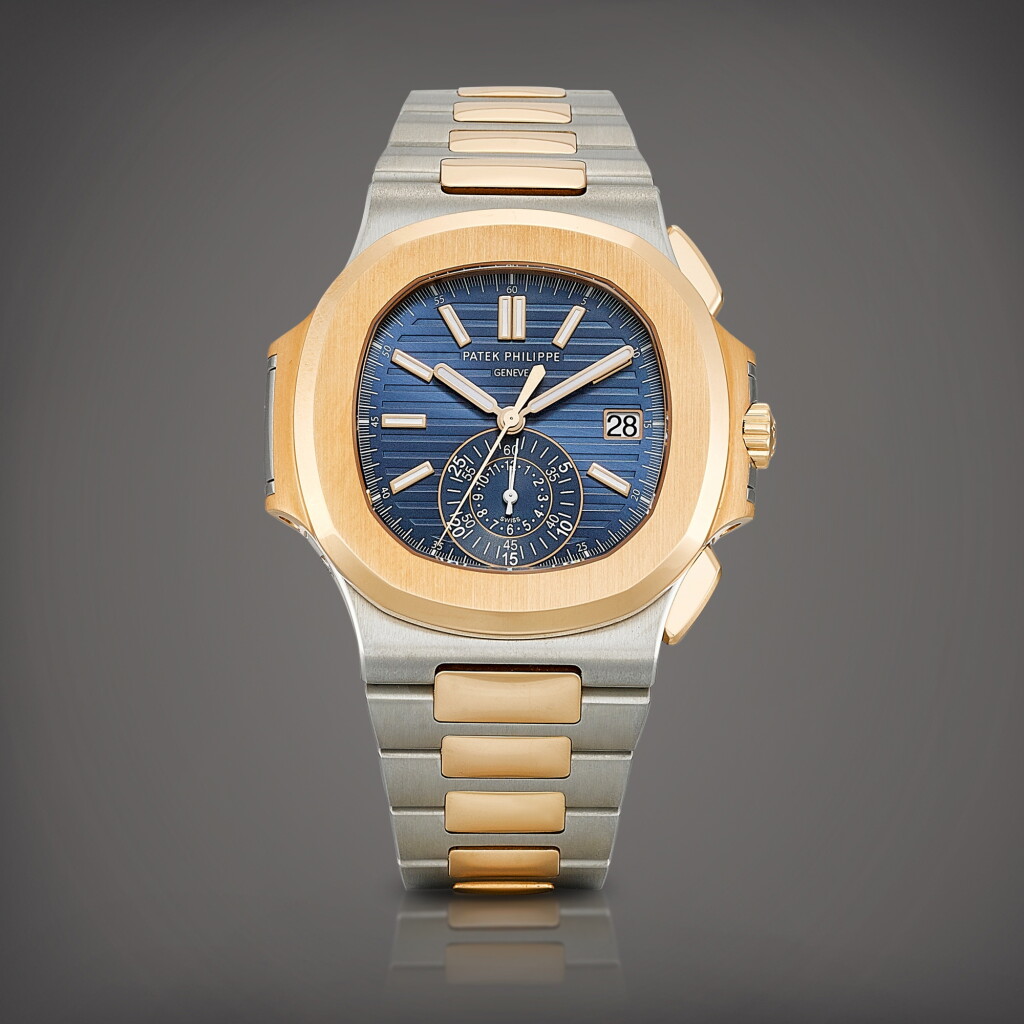 View full screen - View 1 of Lot 2224. Nautilus, Reference 5980 | A stainless steel and pink gold flyback chronograph bracelet watch with date, Circa 2020 | 百達翡麗 | NAUTILUS 型號5980 | 精鋼及粉紅金飛返計時鏈帶腕錶,備日期顯示,約2020年製.