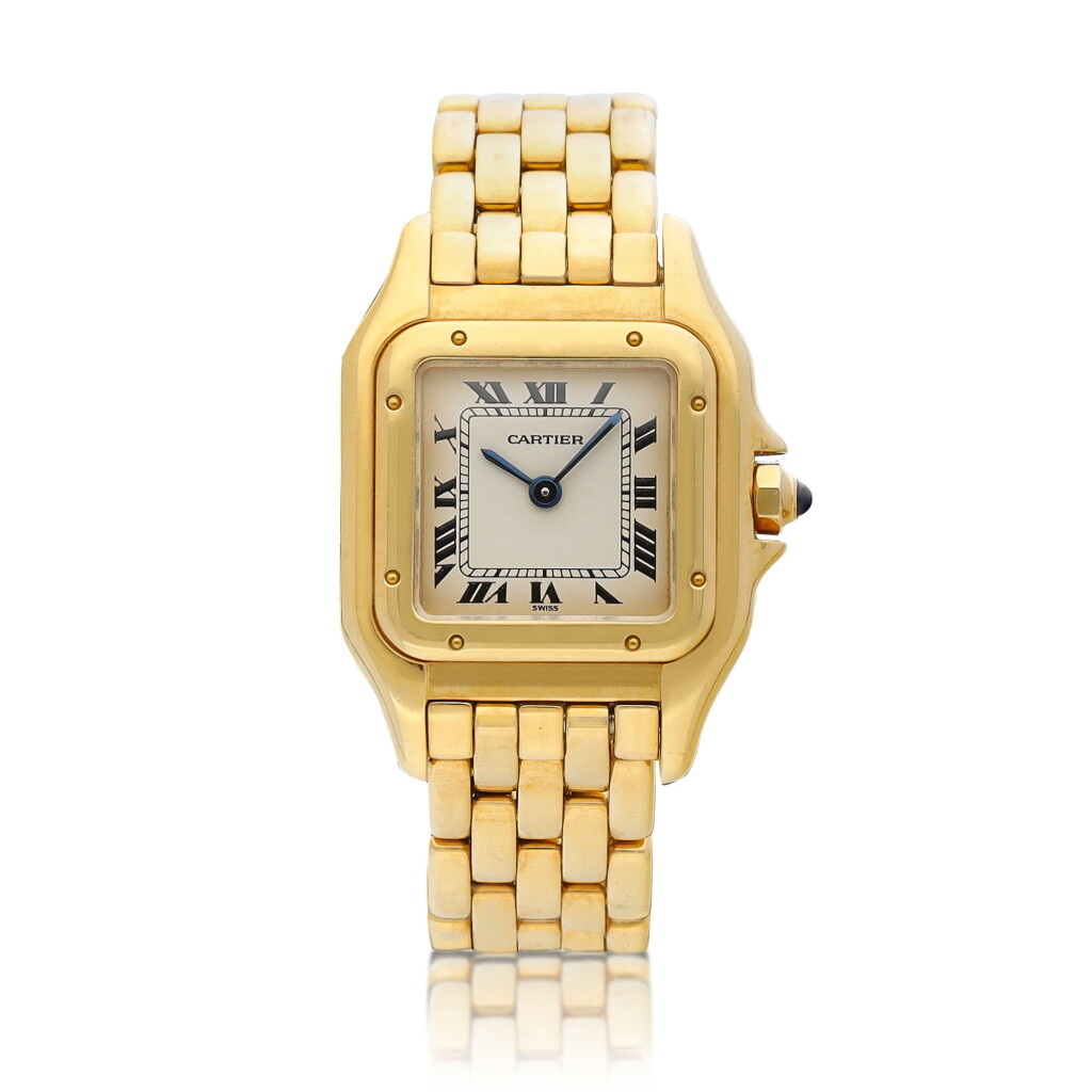 View full screen - View 1 of Lot 8082. Panthère | A yellow gold wristwatch with bracelet, Circa 1980 | 卡地亞 | Panthère | 黃金鏈帶腕錶,約1980年製.