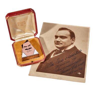 View full screen - View 1 of Lot 191. E. Caruso. Signed photograph and an art deco compact showing a caricature of Caruso, early C20th.
