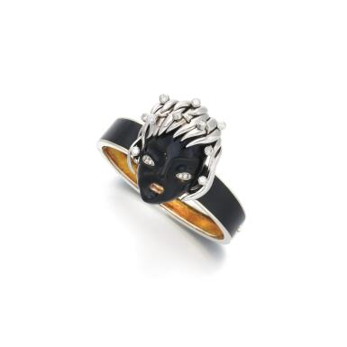 View full screen - View 1 of Lot 105. Black enamel and diamond bracelet/brooch combination | Bracciale e spilla in smalto nero e diamanti .