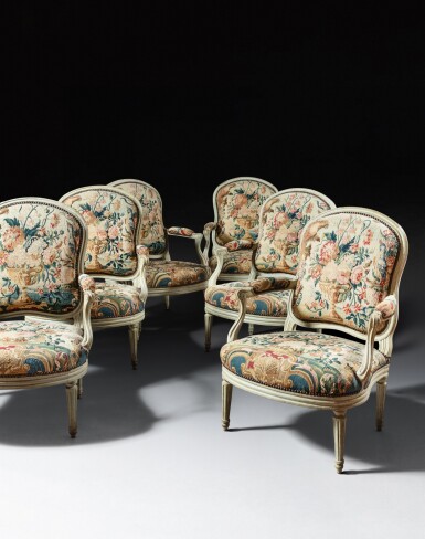 View full screen - View 1 of Lot 195. A set of six late Louis XV grey painted wood fauteuils à dossier plat, circa 1770, stamped by Pierre Malbet.