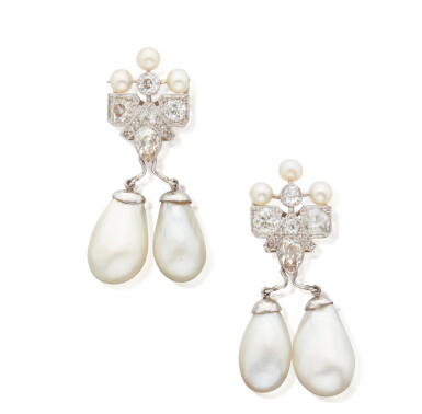 View full screen - View 1 of Lot 49. Pair of Natural Pearl and Diamond Earclips.
