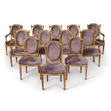View full screen - View 1 of Lot 74. A Matched Set of Louis XVI Giltwood Dining Chairs, the Four Armchairs Circa 1780, the Eight Side Chairs of a Later Date.