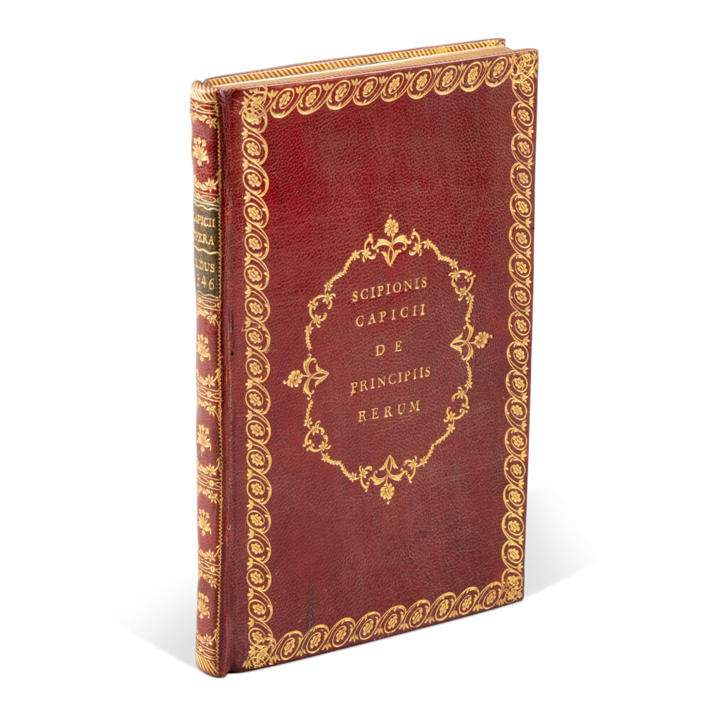 View full screen - View 1 of Lot 240. Capece, De principiis rerum libri duo, Venice, Aldus, 1546, later French red morocco, Henry Drury-Powis copy.