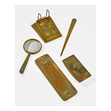 View full screen - View 1 of Lot 25. TIFFANY STUDIOS | FIVE-PIECE "ZODIAC" DESK SET.