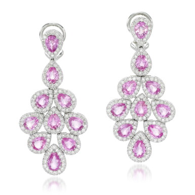 View full screen - View 1 of Lot 111. Pair of pink sapphire and diamond earrings.