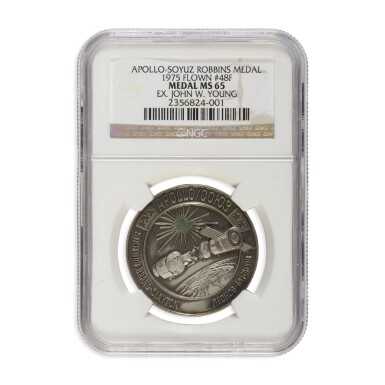 View full screen - View 1 of Lot 213. FLOWN ON APOLLO-SOYUZ TEST PROJECT (ASTP). ASTRONAUT JOHN YOUNG'S APOLLO-SOYUZ SILVER ROBBINS MEDALLION.