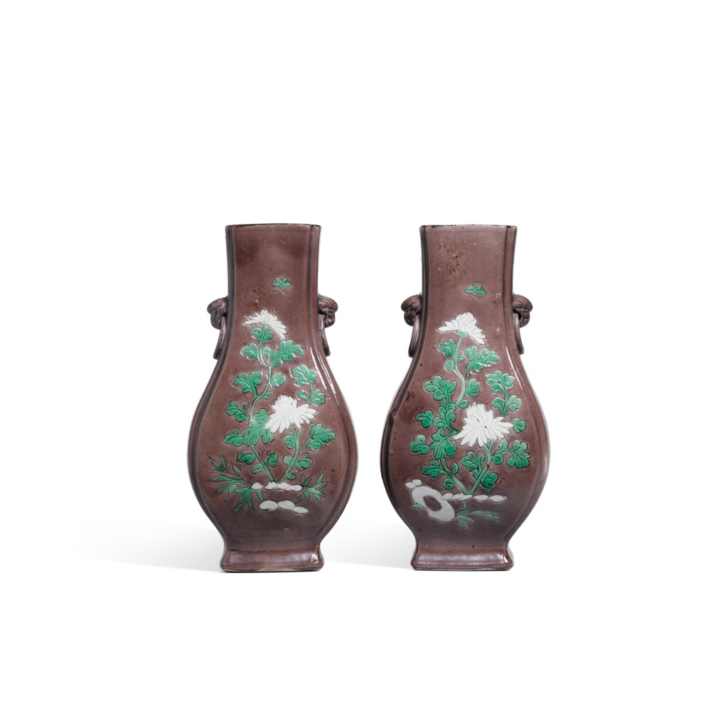 View full screen - View 1 of Lot 251. A pair of incised biscuit aubergine-ground porcelain vases, Qing dynasty, Kangxi period .