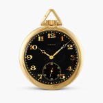 An extremely rare and slim yellow gold openface keyless lever watch with black galvanic dial, Circa 1930