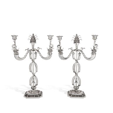View full screen - View 1 of Lot 432. A Pair of Italian Silver Two-Light Candelabra, Fratelli Venezian, Mid 20th Century.
