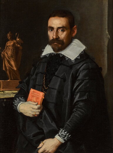 View full screen - View 1 of Lot 175. Portrait of a scholar, half-length, beside a statuette representing gratitude.