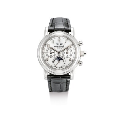 View full screen - View 1 of Lot 2099. PATEK PHILIPPE | REFERENCE 5004, A WHITE GOLD PERPETUAL CALENDAR SPLIT SECONDS CHRONOGRAPH WRISTWATCH WITH MOON PHASES, 24 HOURS AND LEAP YEAR INDICATION, CIRCA 2007 | 百達翡麗 | "型號5004 白金萬年曆追針計時腕錶,備月相、24小時及晝夜顯示,機芯編號879799,錶殼編號4040027,約2007年製".