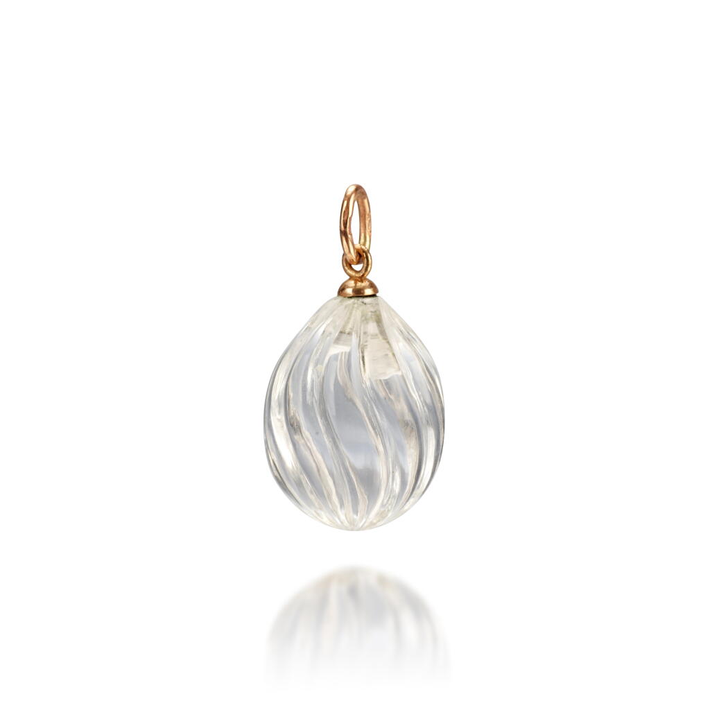 View full screen - View 1 of Lot 151. A Fabergé gold-mounted rock crystal egg pendant, Moscow, circa 1890.